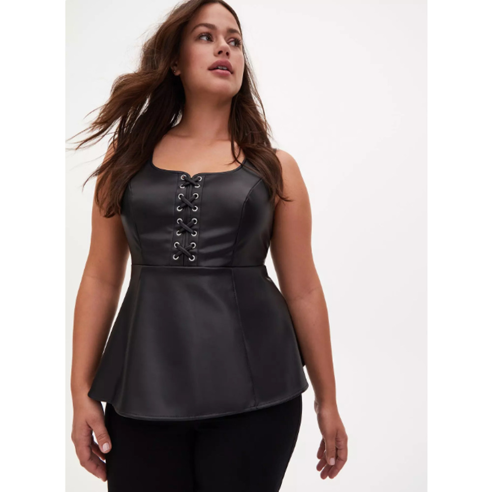 NWT Torrid Black Faux Leather Lace-Up Peplum Top 0/L/12 Goth Punk Corset Sexy